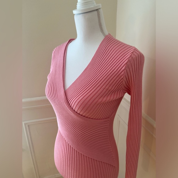 Pink Bodycon Knit Wrap Midi Sweater Dress - Picture 3 of 5